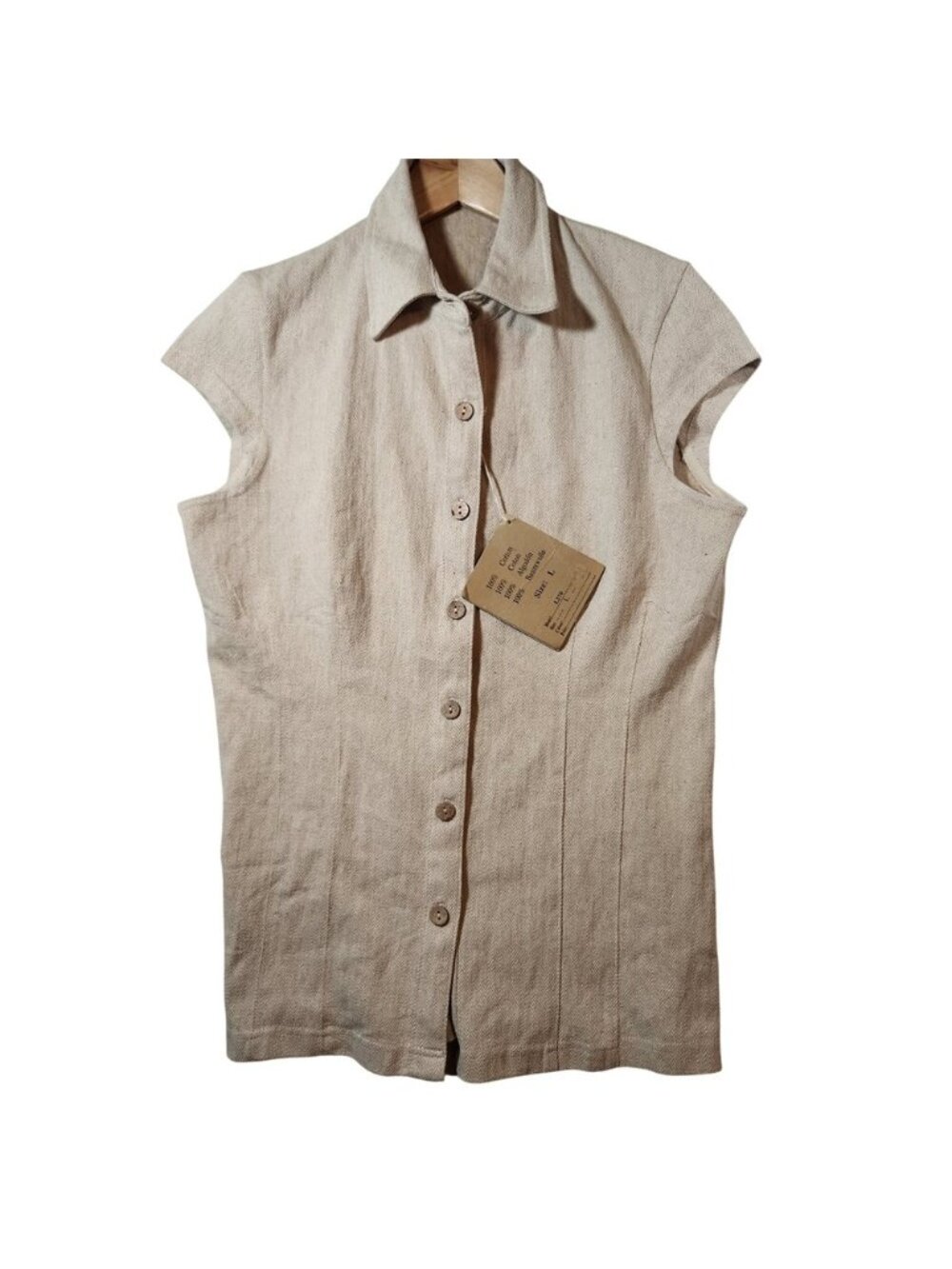 The Earth Collection Womens Cotton Herringbone Sleeveless Button‎ Up Top Beige L